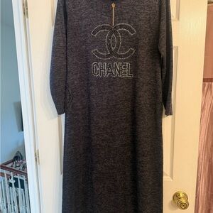 CHANEL Charcoal Crystal-Logo Knit Dress